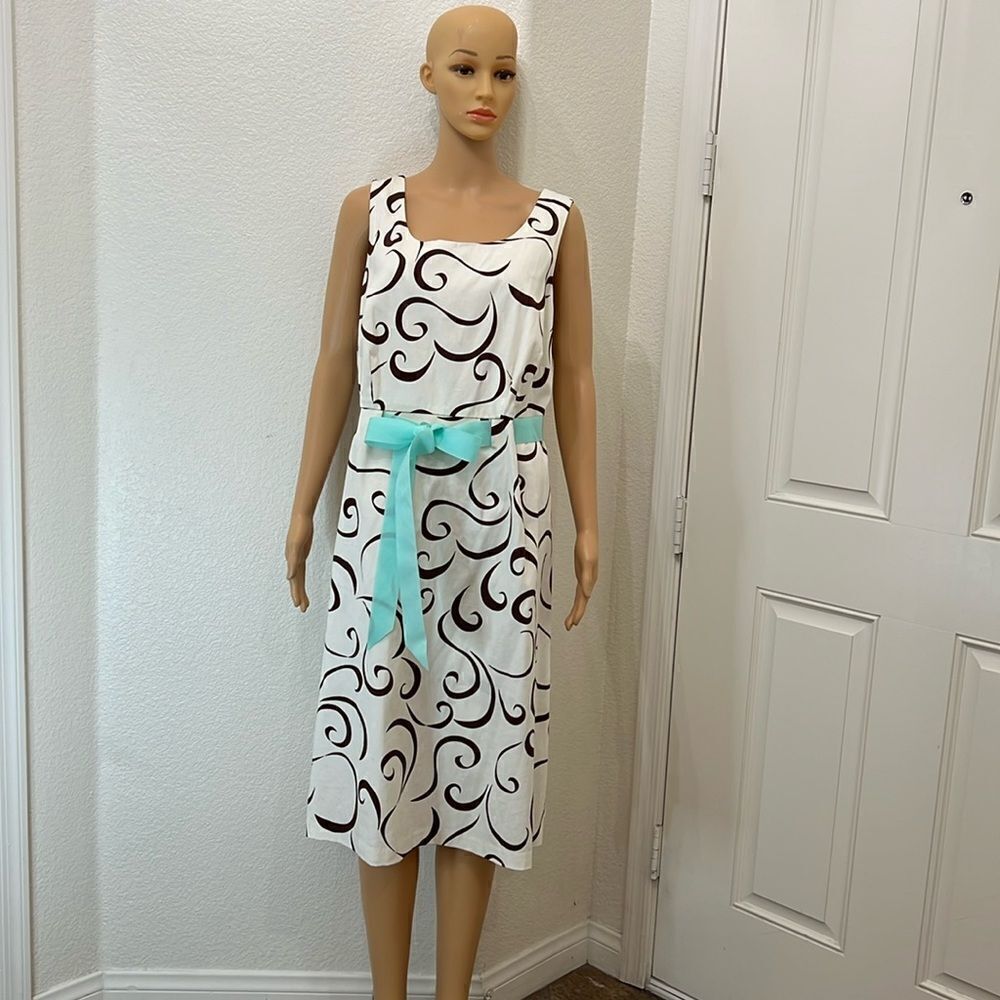 R&K Dress Sz 18W Scoop Neck Sleeveless Cream Brown Swirl Blue Tie Belt Lined